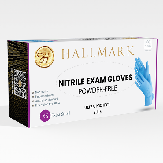 Hallmark Premium Blue Nitrile Gloves, $9.50 per box of 100, 10 boxes per carton